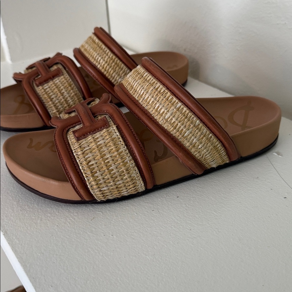 Women Sam Edelman Brown & Tan Raffia/ Leather Rowan Slide Sandals Preloved 7.5